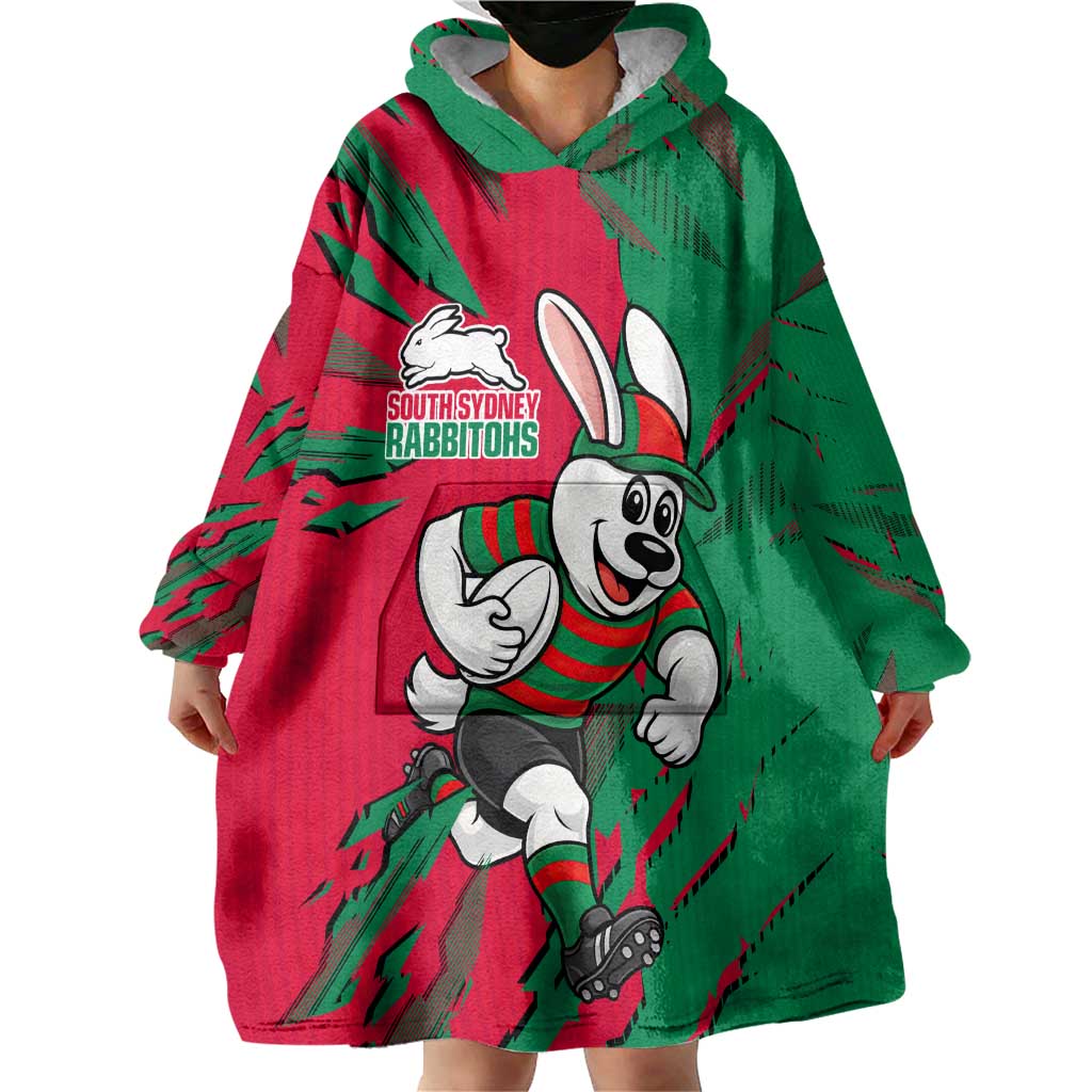 Personalized South Sydney Rabbitohs Wearable Blanket Hoodie Dynamic Lightning Mascot Rugby Australia