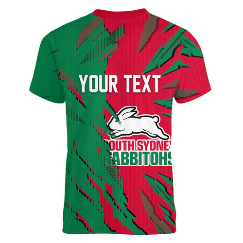 Personalized South Sydney Rabbitohs Women V-Neck T-Shirt Dynamic Lightning Mascot Rugby Australia