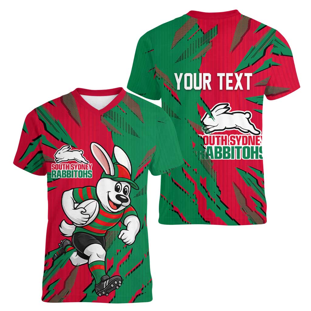 Personalized South Sydney Rabbitohs Women V-Neck T-Shirt Dynamic Lightning Mascot Rugby Australia