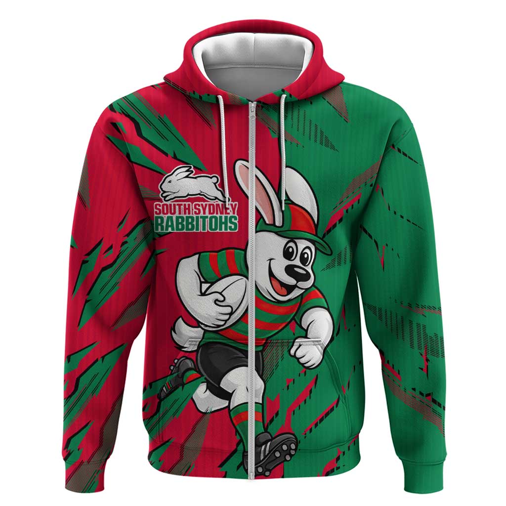 Personalized South Sydney Rabbitohs Zip Hoodie Dynamic Lightning Mascot Rugby Australia
