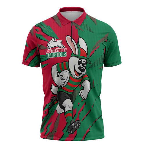 Personalized South Sydney Rabbitohs Zipper Polo Shirt Dynamic Lightning Mascot Rugby Australia