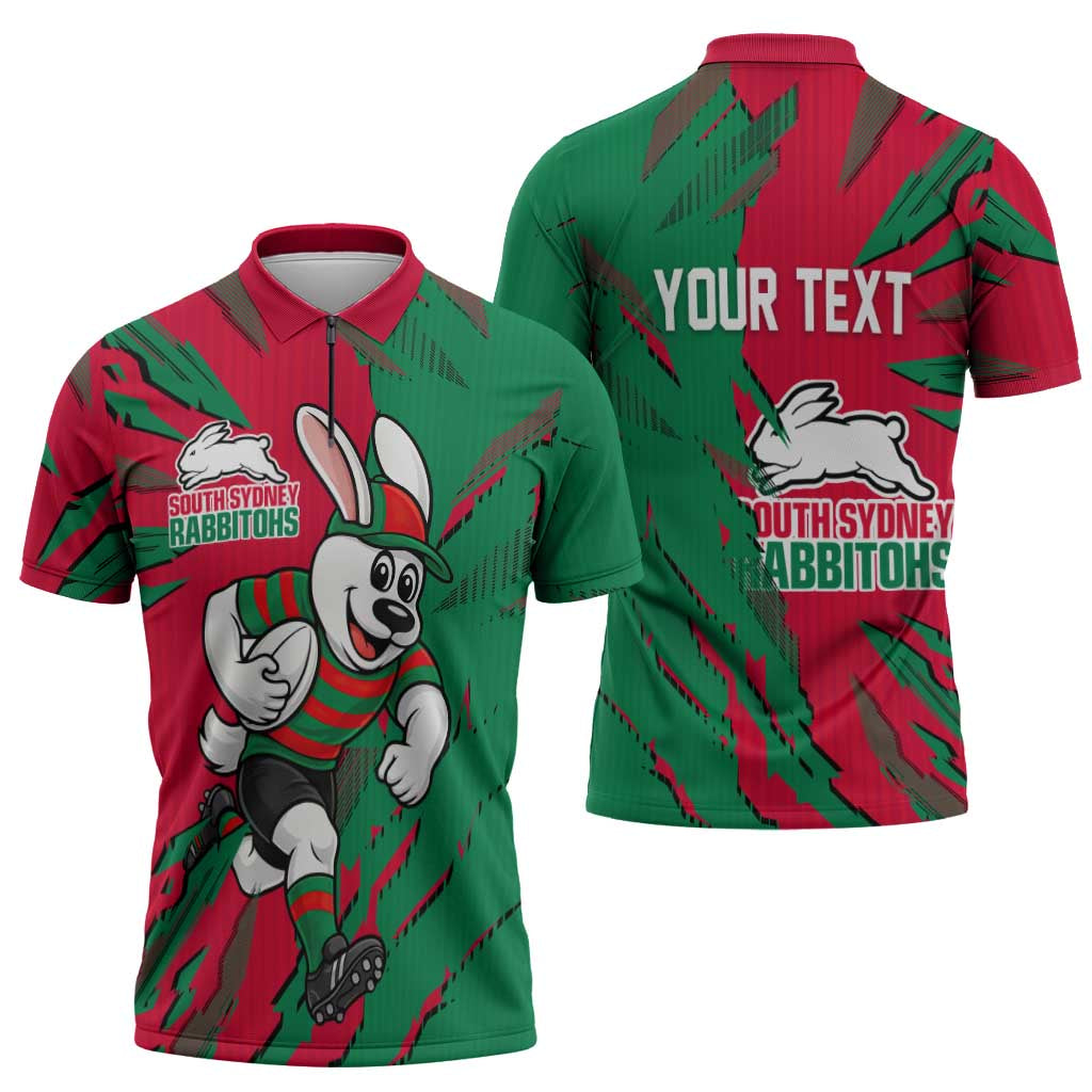 Personalized South Sydney Rabbitohs Zipper Polo Shirt Dynamic Lightning Mascot Rugby Australia