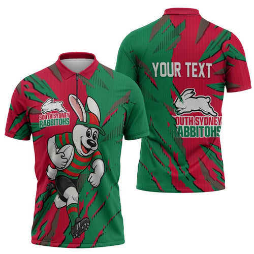 Personalized South Sydney Rabbitohs Zipper Polo Shirt Dynamic Lightning Mascot Rugby Australia