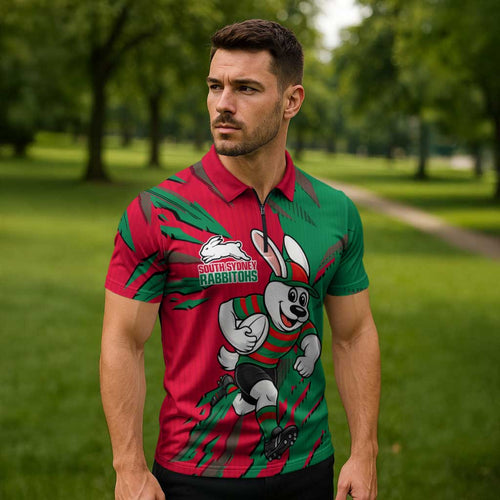 Personalized South Sydney Rabbitohs Zipper Polo Shirt Dynamic Lightning Mascot Rugby Australia