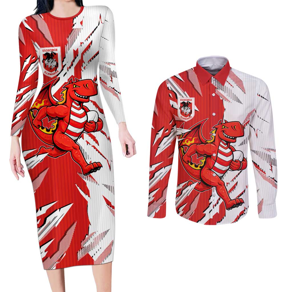 Personalized St. George Illawarra Dragons Couples Matching Long Sleeve Bodycon Dress and Long Sleeve Button Shirt Dynamic Lightning Mascot Rugby Australia