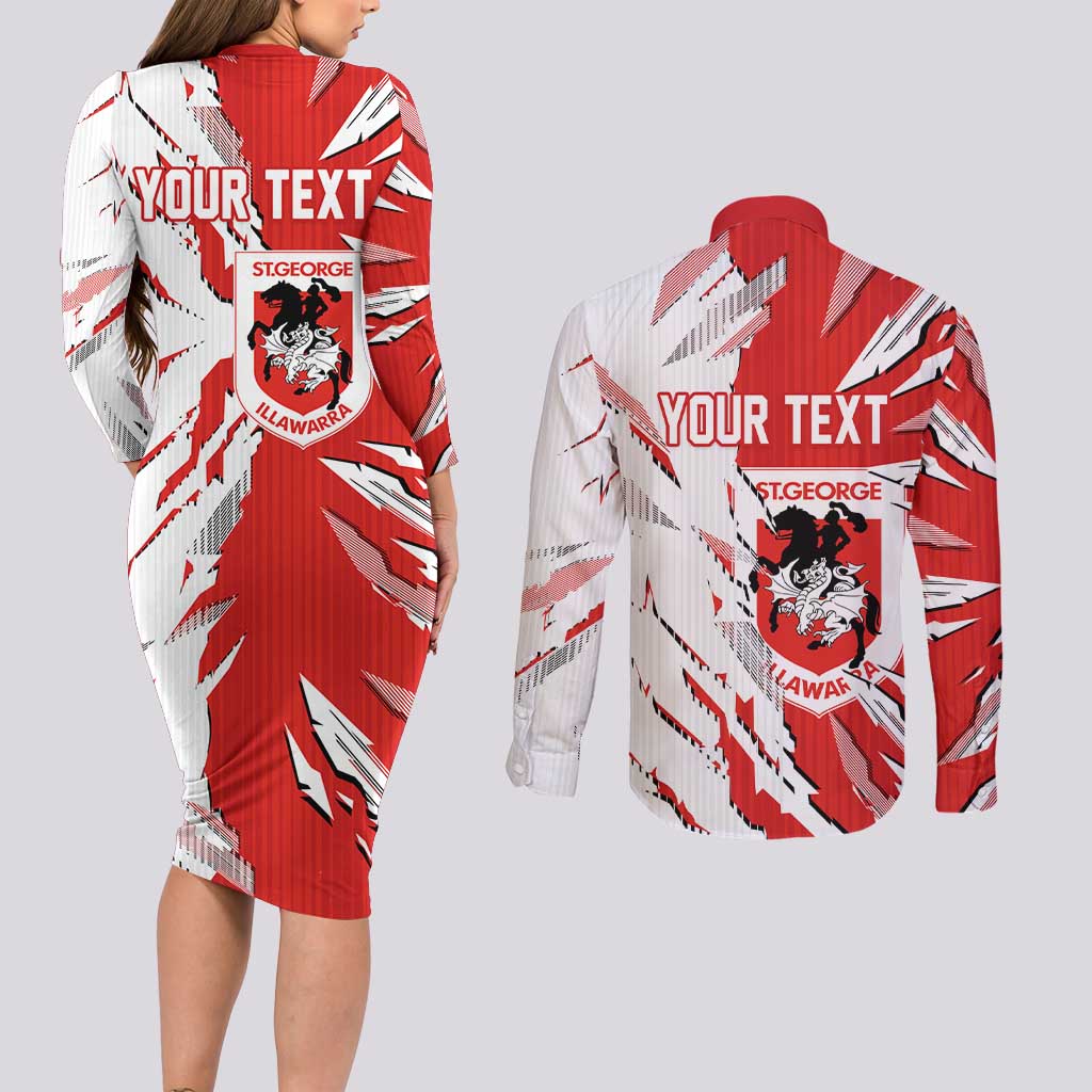 Personalized St. George Illawarra Dragons Couples Matching Long Sleeve Bodycon Dress and Long Sleeve Button Shirt Dynamic Lightning Mascot Rugby Australia
