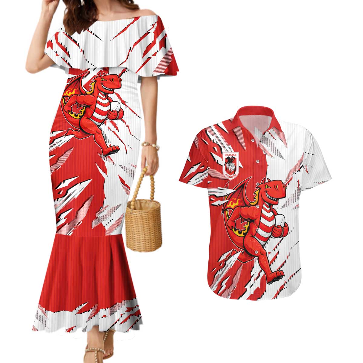Personalized St. George Illawarra Dragons Couples Matching Mermaid Dress and Hawaiian Shirt Dynamic Lightning Mascot Rugby Australia