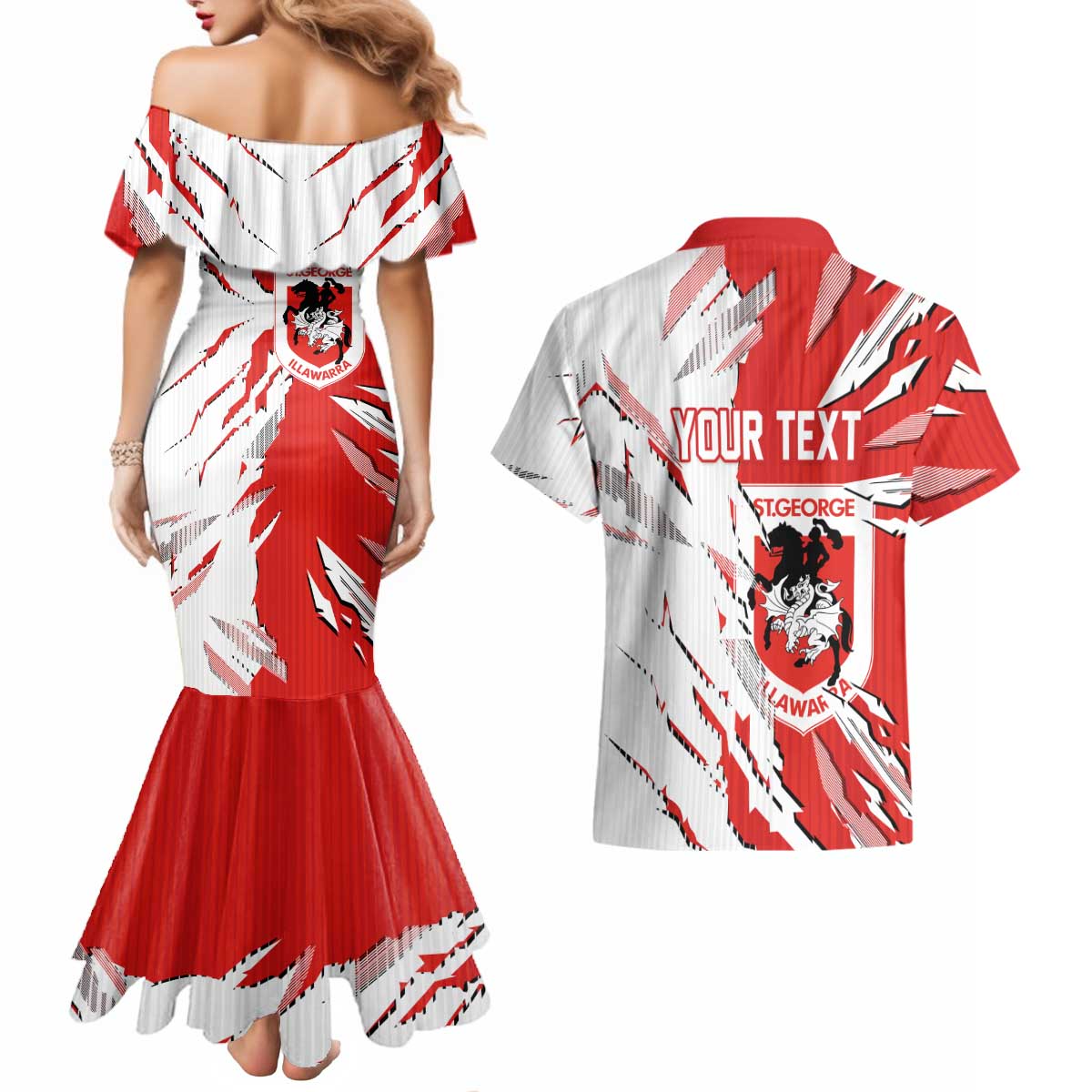 Personalized St. George Illawarra Dragons Couples Matching Mermaid Dress and Hawaiian Shirt Dynamic Lightning Mascot Rugby Australia