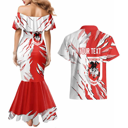 Personalized St. George Illawarra Dragons Couples Matching Mermaid Dress and Hawaiian Shirt Dynamic Lightning Mascot Rugby Australia
