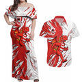 Personalized St. George Illawarra Dragons Couples Matching Off Shoulder Maxi Dress and Hawaiian Shirt Dynamic Lightning Mascot Rugby Australia