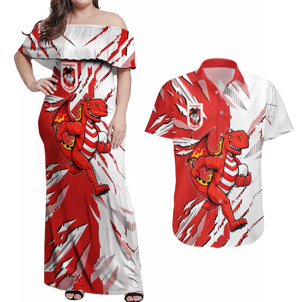Personalized St. George Illawarra Dragons Couples Matching Off Shoulder Maxi Dress and Hawaiian Shirt Dynamic Lightning Mascot Rugby Australia