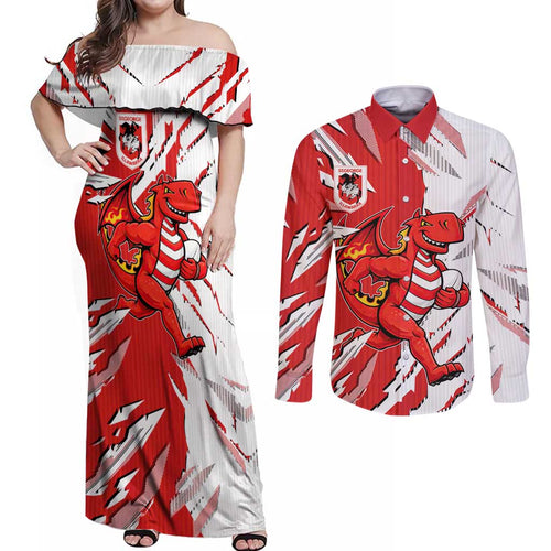 Personalized St. George Illawarra Dragons Couples Matching Off Shoulder Maxi Dress and Long Sleeve Button Shirt Dynamic Lightning Mascot Rugby Australia