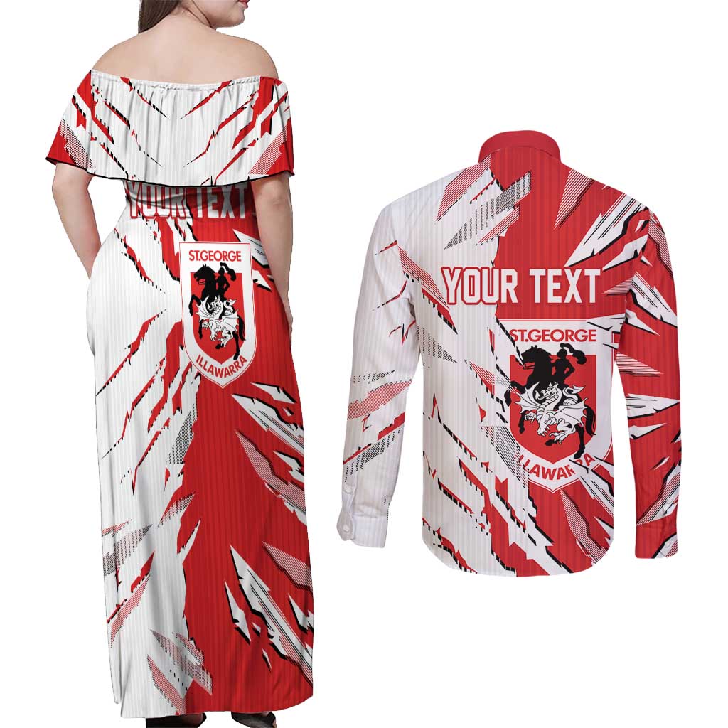 Personalized St. George Illawarra Dragons Couples Matching Off Shoulder Maxi Dress and Long Sleeve Button Shirt Dynamic Lightning Mascot Rugby Australia
