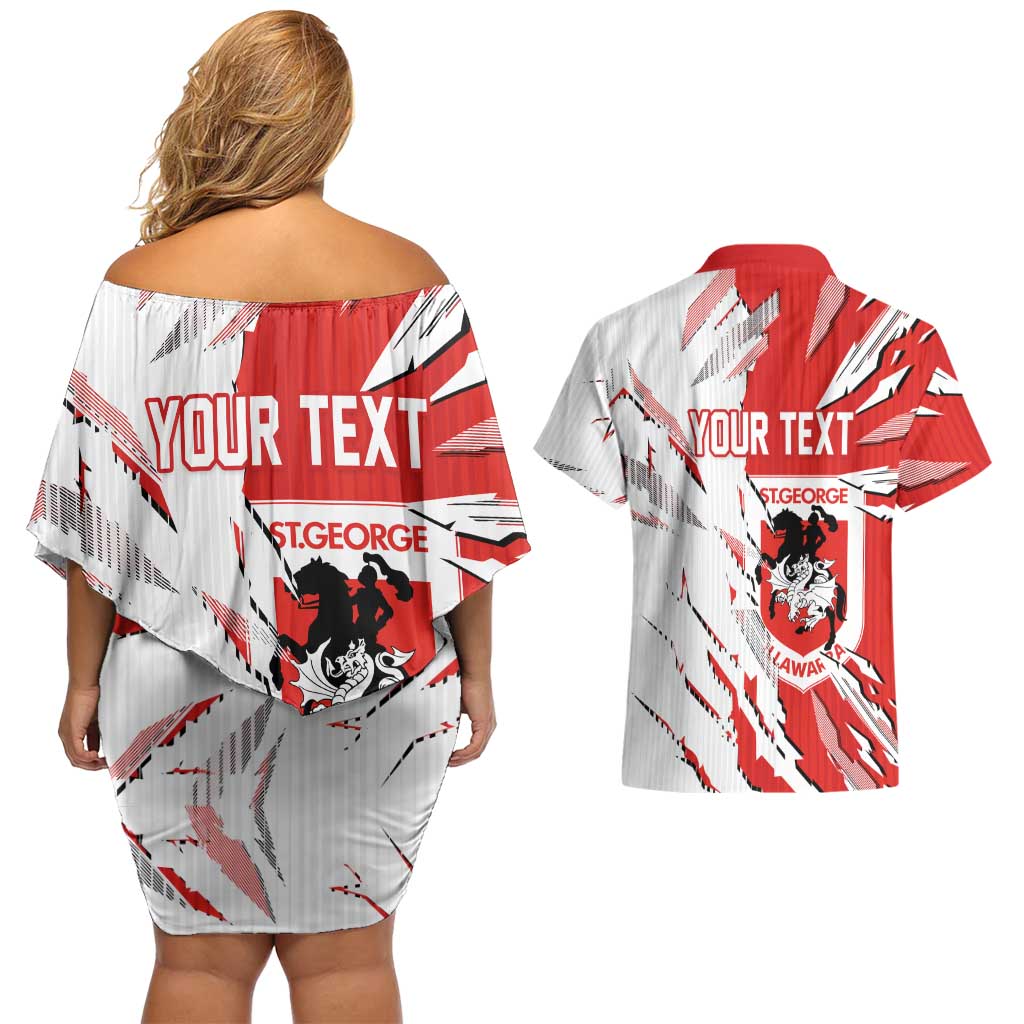 Personalized St. George Illawarra Dragons Couples Matching Off Shoulder Short Dress and Hawaiian Shirt Dynamic Lightning Mascot Rugby Australia
