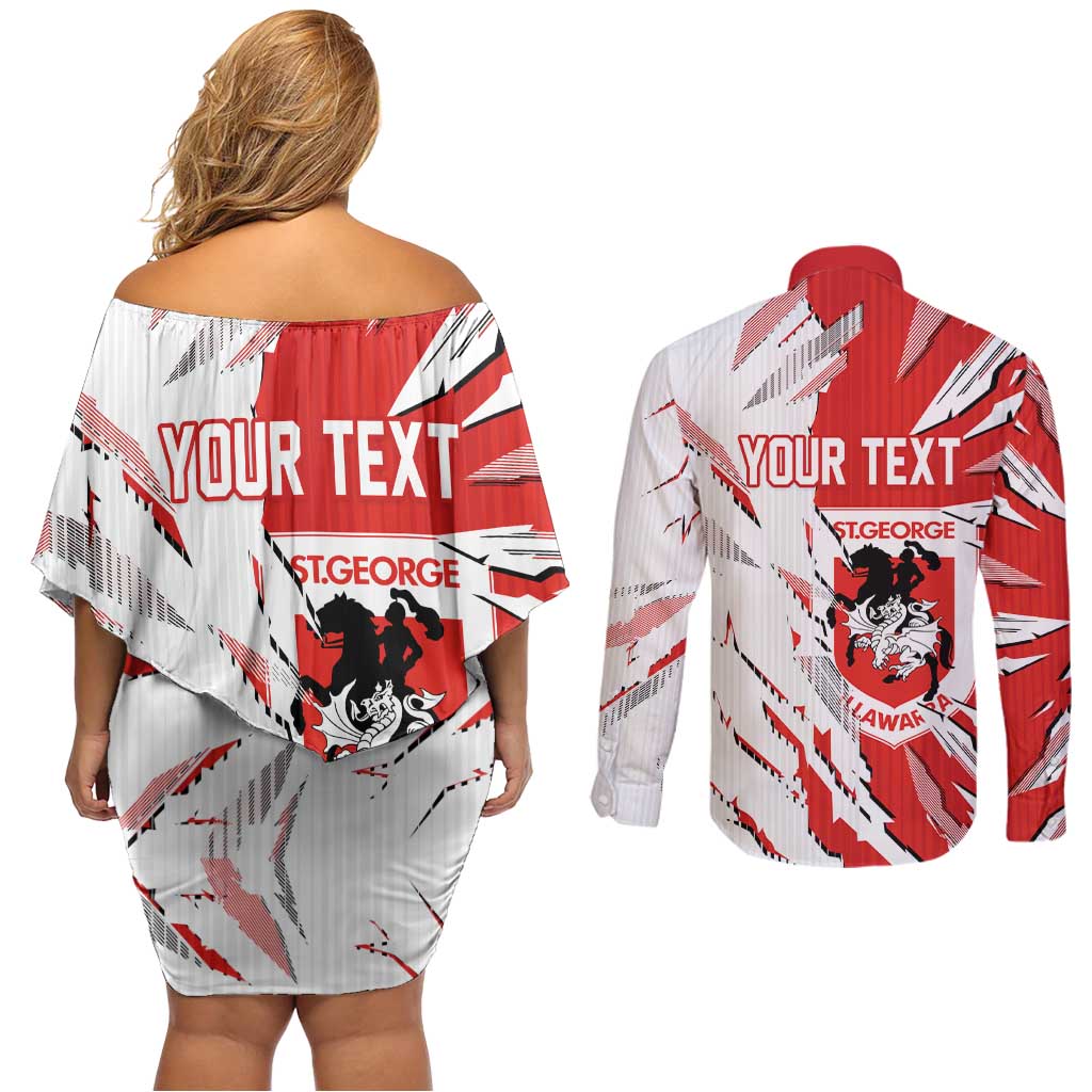 Personalized St. George Illawarra Dragons Couples Matching Off Shoulder Short Dress and Long Sleeve Button Shirt Dynamic Lightning Mascot Rugby Australia