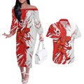 Personalized St. George Illawarra Dragons Couples Matching Off The Shoulder Long Sleeve Dress and Hawaiian Shirt Dynamic Lightning Mascot Rugby Australia