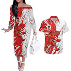 Personalized St. George Illawarra Dragons Couples Matching Off The Shoulder Long Sleeve Dress and Hawaiian Shirt Dynamic Lightning Mascot Rugby Australia