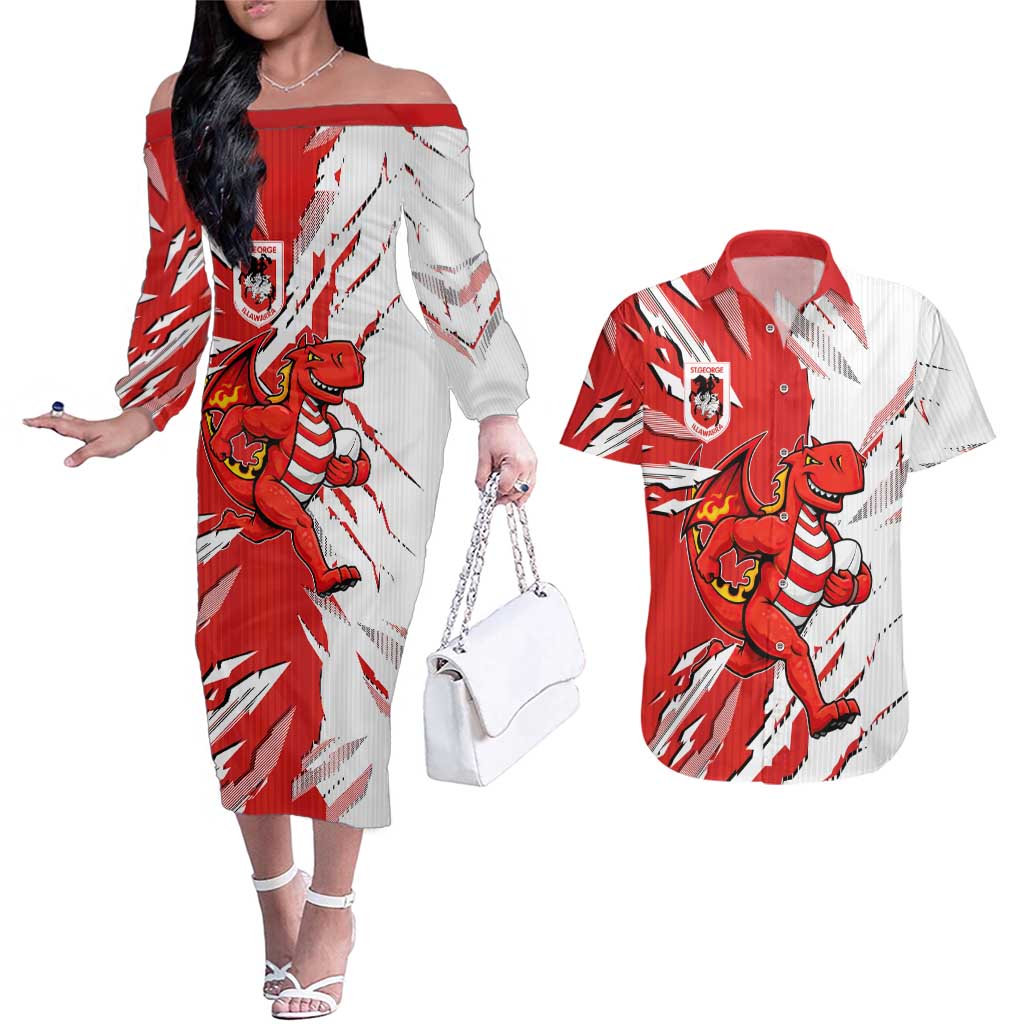 Personalized St. George Illawarra Dragons Couples Matching Off The Shoulder Long Sleeve Dress and Hawaiian Shirt Dynamic Lightning Mascot Rugby Australia