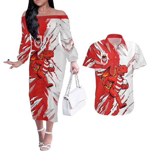 Personalized St. George Illawarra Dragons Couples Matching Off The Shoulder Long Sleeve Dress and Hawaiian Shirt Dynamic Lightning Mascot Rugby Australia
