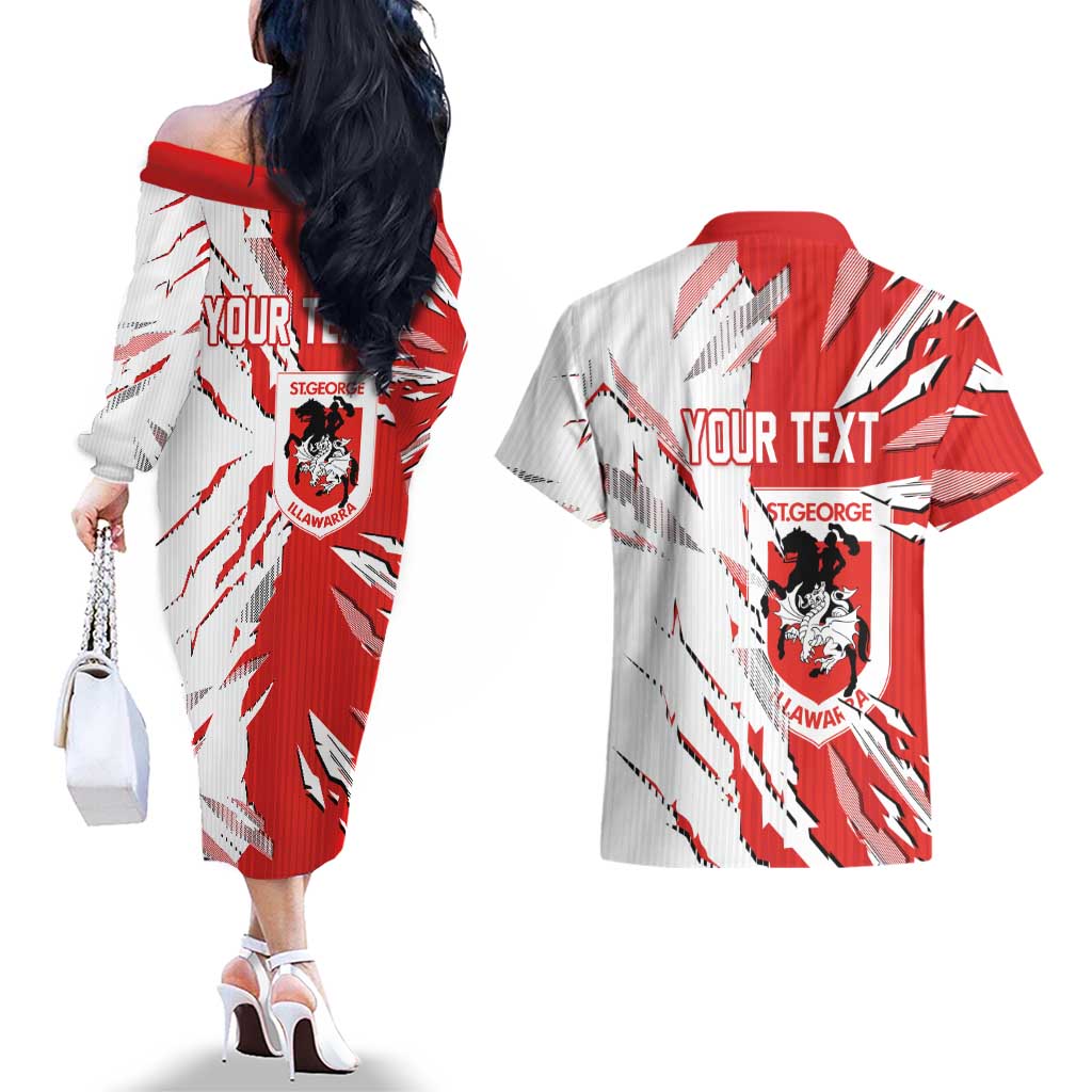 Personalized St. George Illawarra Dragons Couples Matching Off The Shoulder Long Sleeve Dress and Hawaiian Shirt Dynamic Lightning Mascot Rugby Australia