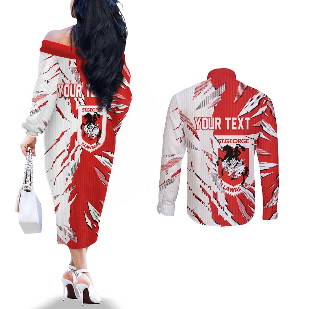 Personalized St. George Illawarra Dragons Couples Matching Off The Shoulder Long Sleeve Dress and Long Sleeve Button Shirt Dynamic Lightning Mascot Rugby Australia