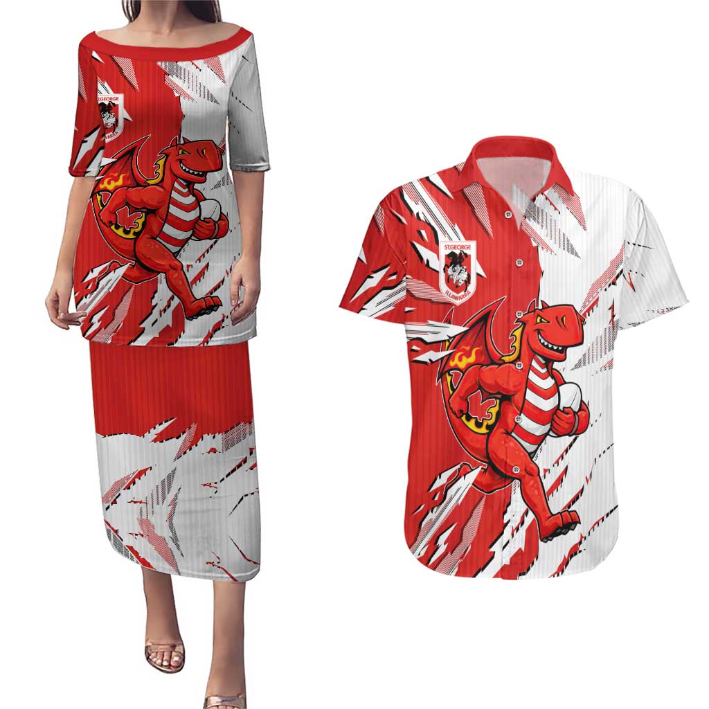 Personalized St. George Illawarra Dragons Couples Matching Puletasi and Hawaiian Shirt Dynamic Lightning Mascot Rugby Australia