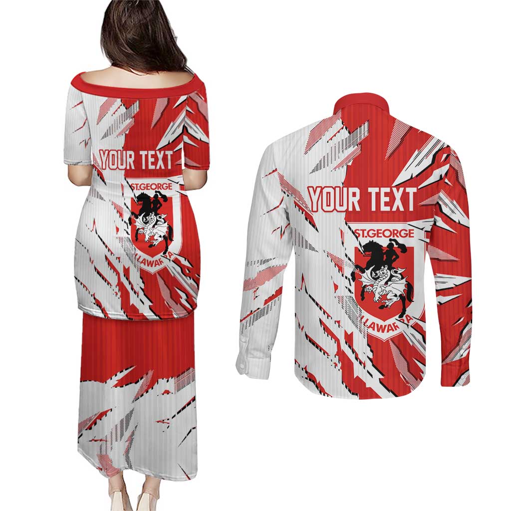 Personalized St. George Illawarra Dragons Couples Matching Puletasi and Long Sleeve Button Shirt Dynamic Lightning Mascot Rugby Australia