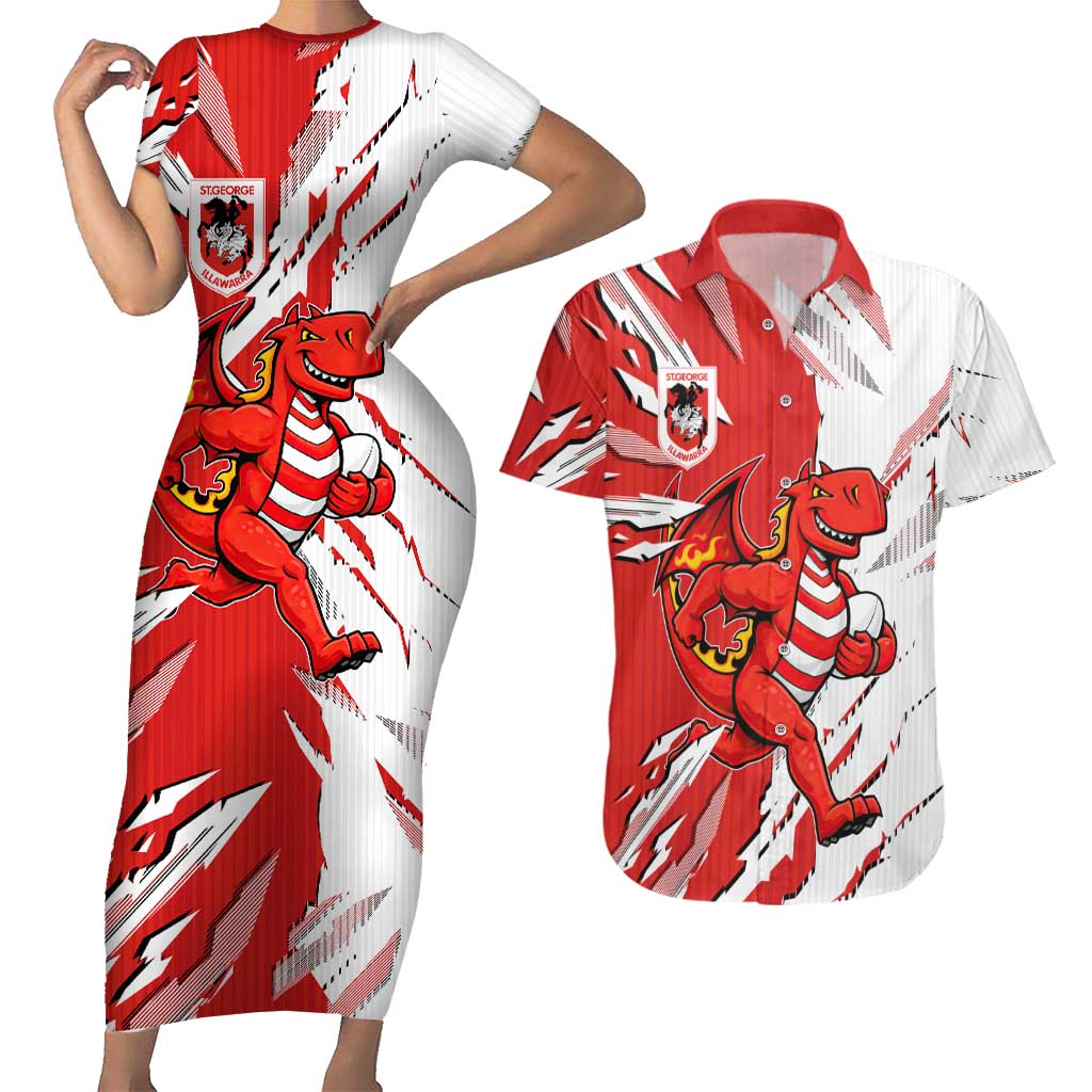 Personalized St. George Illawarra Dragons Couples Matching Short Sleeve Bodycon Dress and Hawaiian Shirt Dynamic Lightning Mascot Rugby Australia