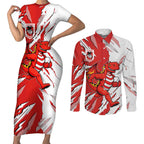 Personalized St. George Illawarra Dragons Couples Matching Short Sleeve Bodycon Dress and Long Sleeve Button Shirt Dynamic Lightning Mascot Rugby Australia