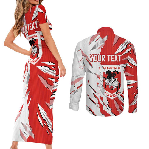 Personalized St. George Illawarra Dragons Couples Matching Short Sleeve Bodycon Dress and Long Sleeve Button Shirt Dynamic Lightning Mascot Rugby Australia