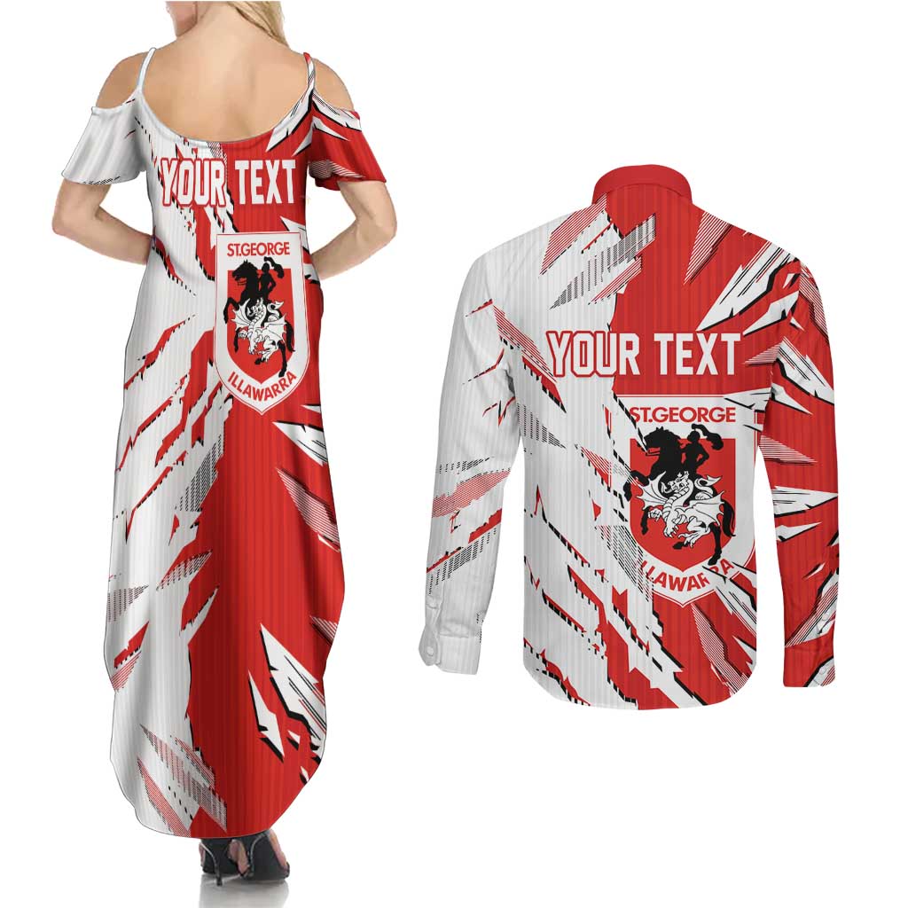 Personalized St. George Illawarra Dragons Couples Matching Summer Maxi Dress and Long Sleeve Button Shirt Dynamic Lightning Mascot Rugby Australia