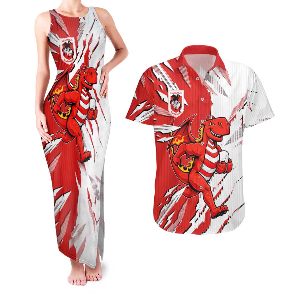 Personalized St. George Illawarra Dragons Couples Matching Tank Maxi Dress and Hawaiian Shirt Dynamic Lightning Mascot Rugby Australia