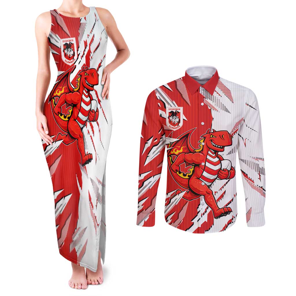 Personalized St. George Illawarra Dragons Couples Matching Tank Maxi Dress and Long Sleeve Button Shirt Dynamic Lightning Mascot Rugby Australia
