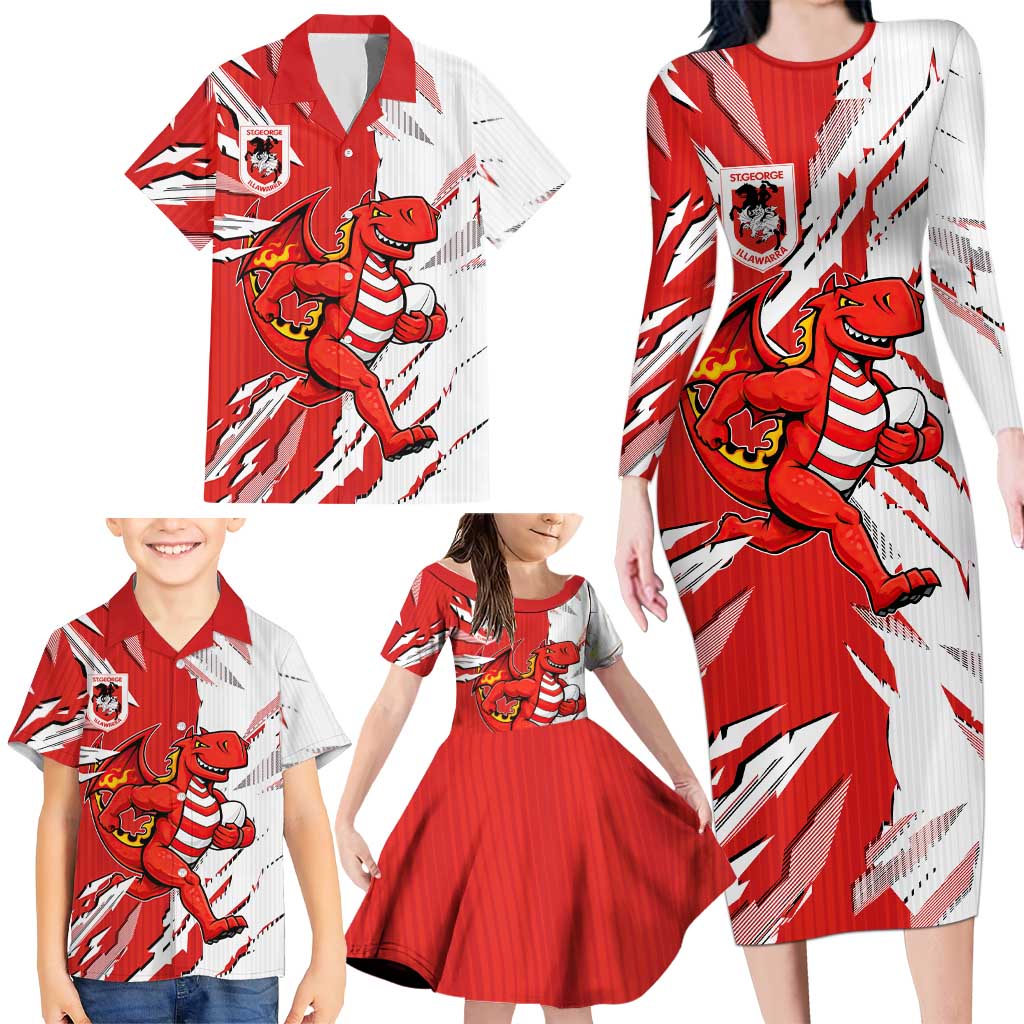 Personalized St. George Illawarra Dragons Family Matching Long Sleeve Bodycon Dress and Hawaiian Shirt Dynamic Lightning Mascot Rugby Australia