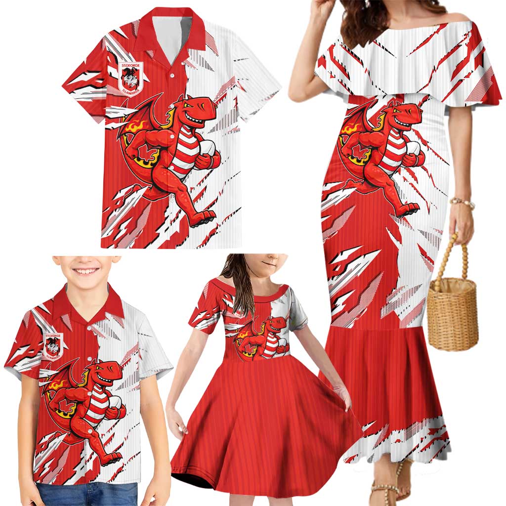 Personalized St. George Illawarra Dragons Family Matching Mermaid Dress and Hawaiian Shirt Dynamic Lightning Mascot Rugby Australia