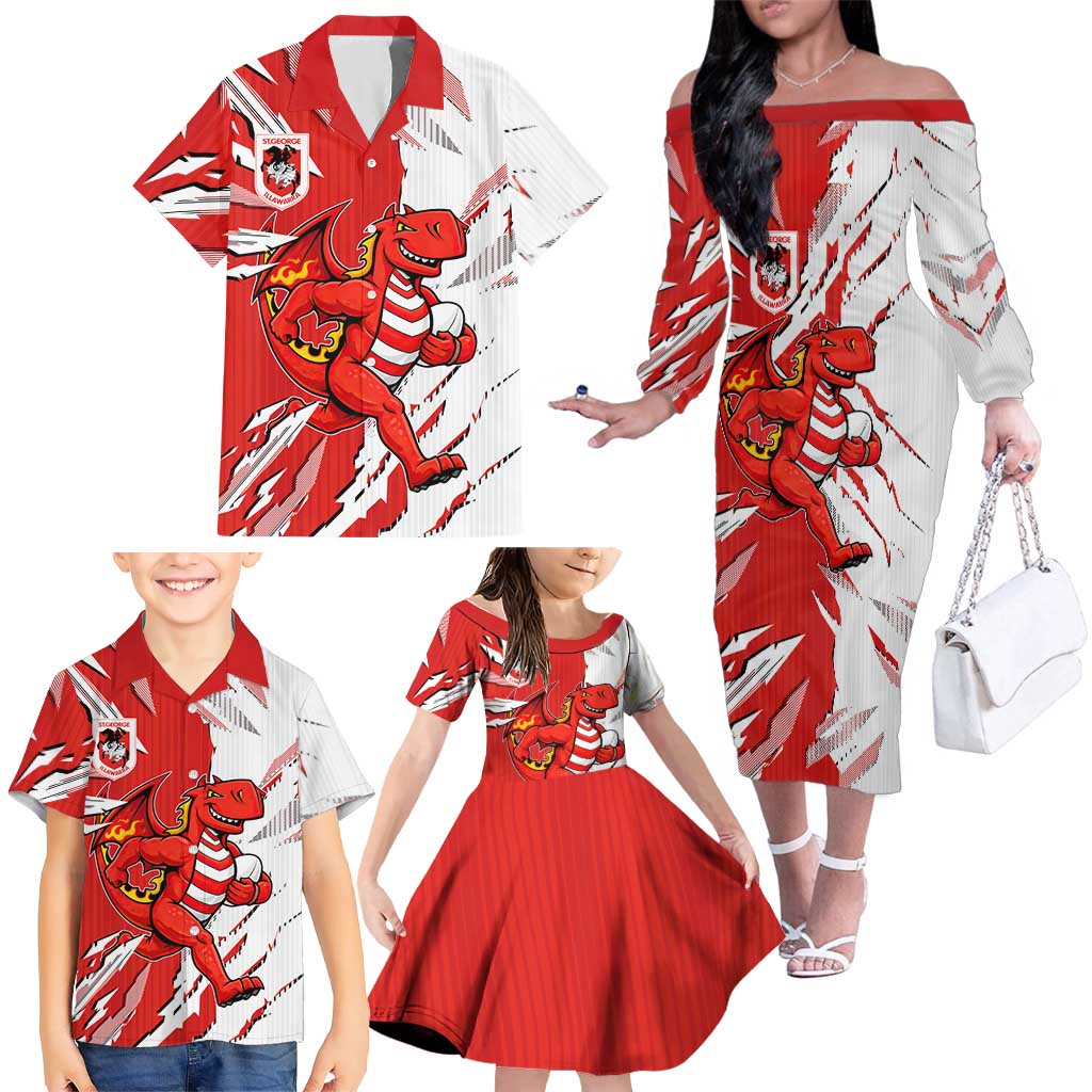 Personalized St. George Illawarra Dragons Family Matching Off The Shoulder Long Sleeve Dress and Hawaiian Shirt Dynamic Lightning Mascot Rugby Australia