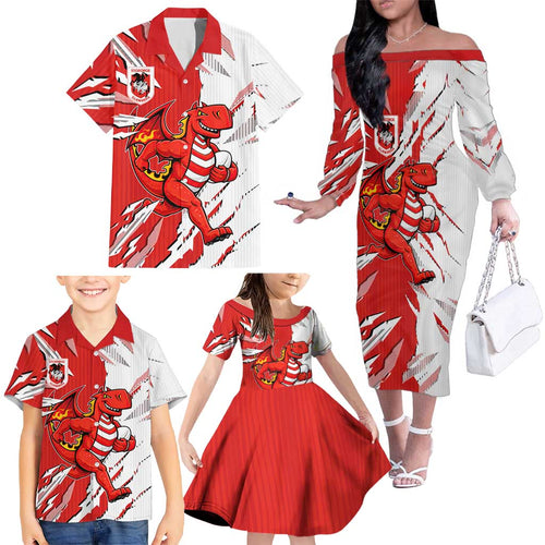Personalized St. George Illawarra Dragons Family Matching Off The Shoulder Long Sleeve Dress and Hawaiian Shirt Dynamic Lightning Mascot Rugby Australia