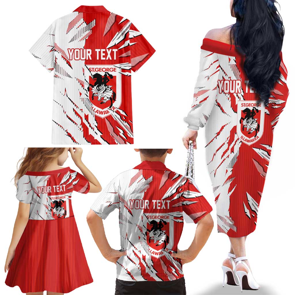 Personalized St. George Illawarra Dragons Family Matching Off The Shoulder Long Sleeve Dress and Hawaiian Shirt Dynamic Lightning Mascot Rugby Australia