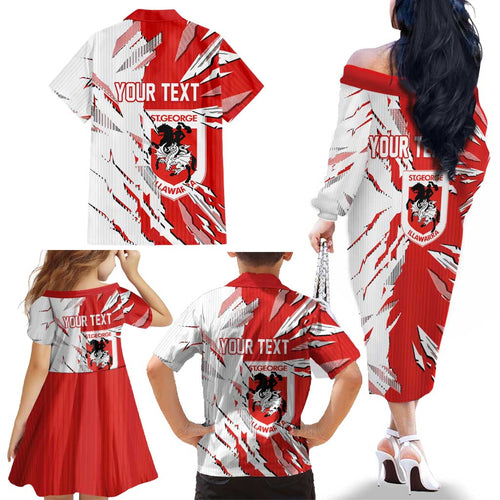 Personalized St. George Illawarra Dragons Family Matching Off The Shoulder Long Sleeve Dress and Hawaiian Shirt Dynamic Lightning Mascot Rugby Australia
