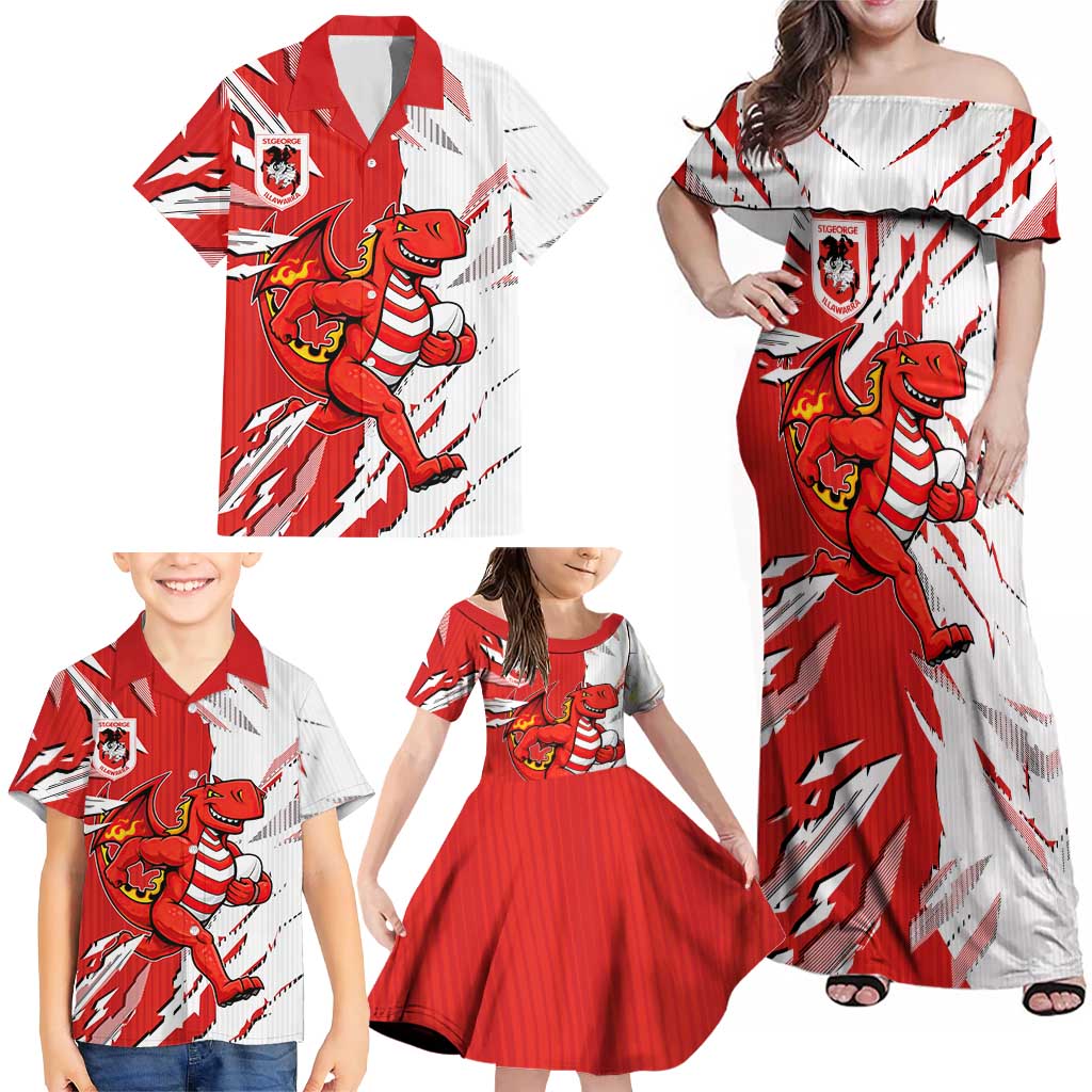 Personalized St. George Illawarra Dragons Family Matching Off Shoulder Maxi Dress and Hawaiian Shirt Dynamic Lightning Mascot Rugby Australia