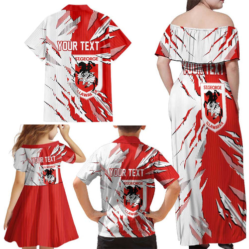 Personalized St. George Illawarra Dragons Family Matching Off Shoulder Maxi Dress and Hawaiian Shirt Dynamic Lightning Mascot Rugby Australia