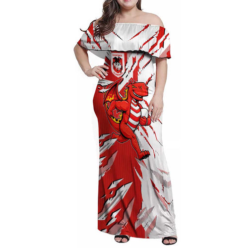 Personalized St. George Illawarra Dragons Family Matching Off Shoulder Maxi Dress and Hawaiian Shirt Dynamic Lightning Mascot Rugby Australia