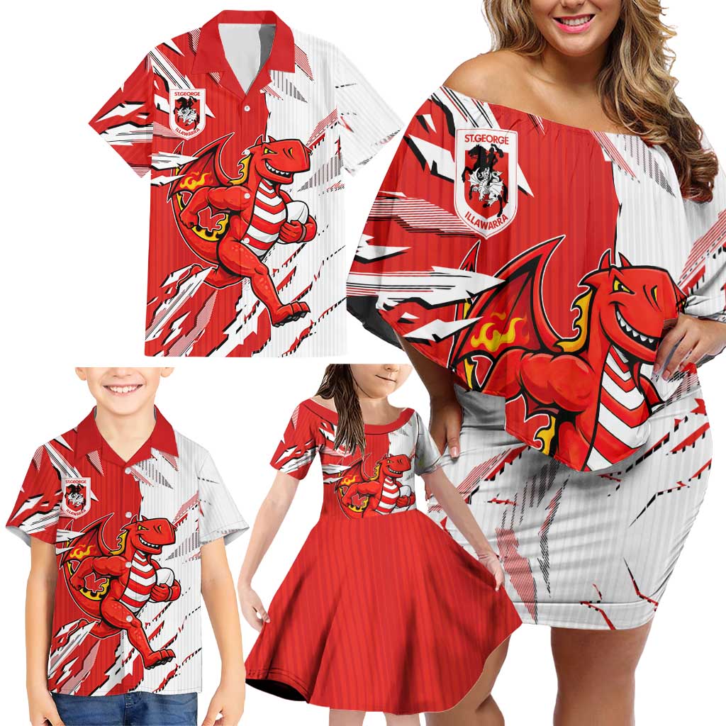 Personalized St. George Illawarra Dragons Family Matching Off Shoulder Short Dress and Hawaiian Shirt Dynamic Lightning Mascot Rugby Australia