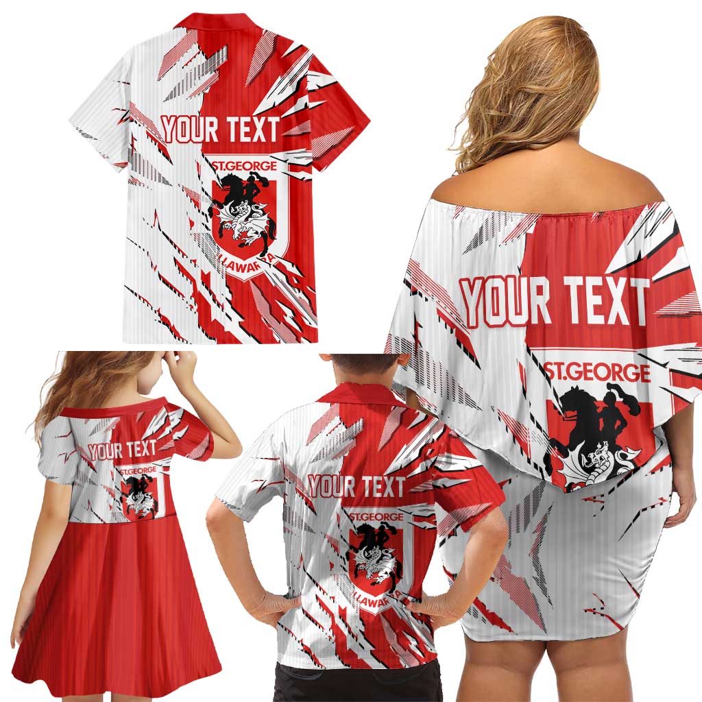 Personalized St. George Illawarra Dragons Family Matching Off Shoulder Short Dress and Hawaiian Shirt Dynamic Lightning Mascot Rugby Australia