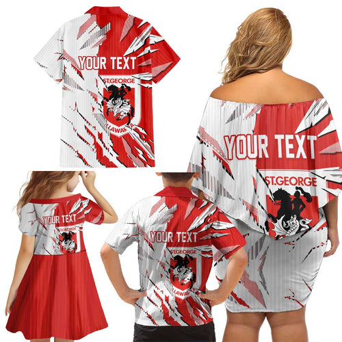 Personalized St. George Illawarra Dragons Family Matching Off Shoulder Short Dress and Hawaiian Shirt Dynamic Lightning Mascot Rugby Australia