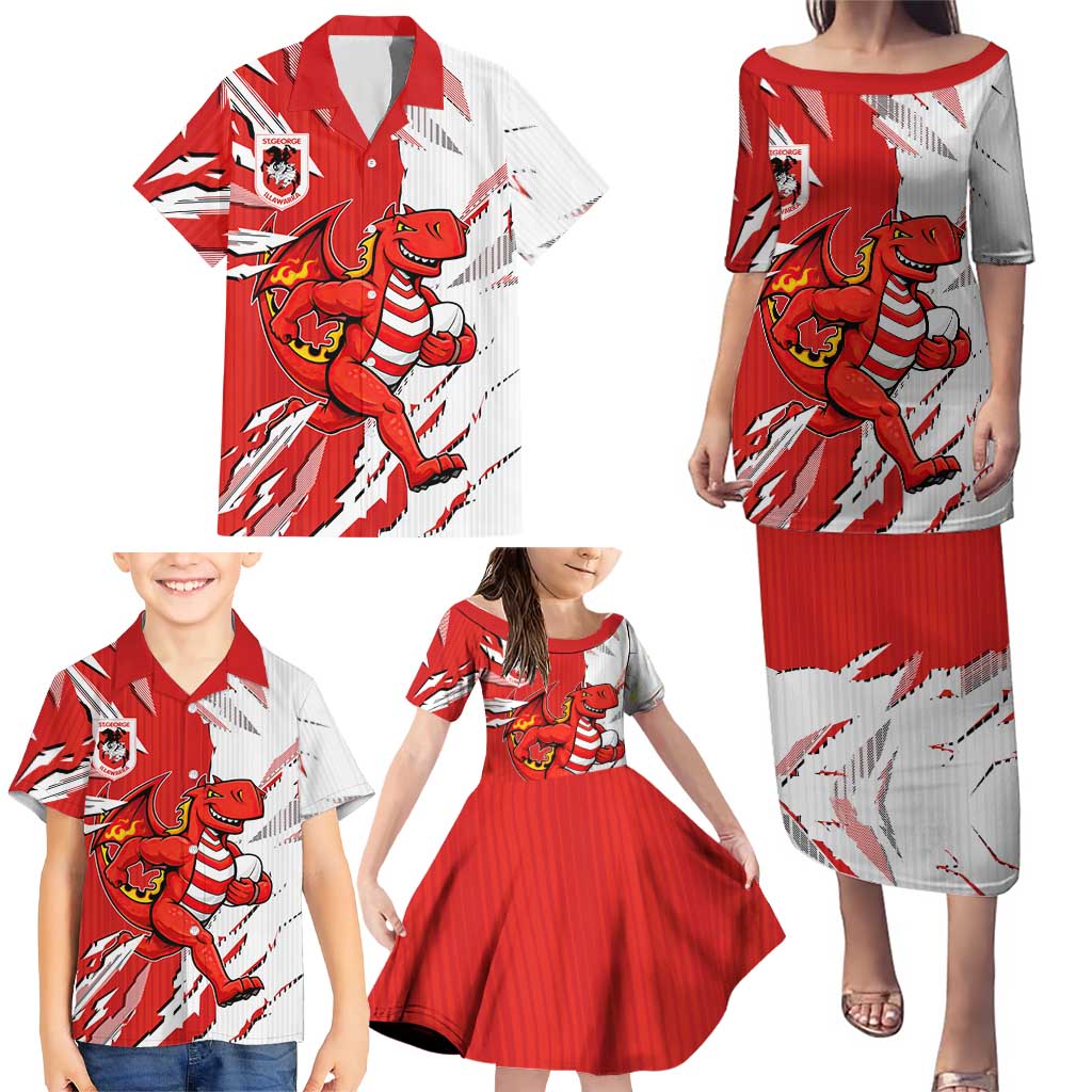 Personalized St. George Illawarra Dragons Family Matching Puletasi and Hawaiian Shirt Dynamic Lightning Mascot Rugby Australia