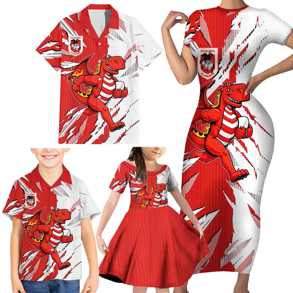 Personalized St. George Illawarra Dragons Family Matching Short Sleeve Bodycon Dress and Hawaiian Shirt Dynamic Lightning Mascot Rugby Australia