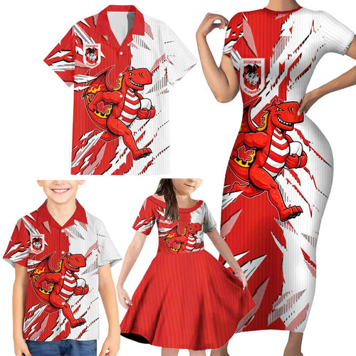 Personalized St. George Illawarra Dragons Family Matching Short Sleeve Bodycon Dress and Hawaiian Shirt Dynamic Lightning Mascot Rugby Australia