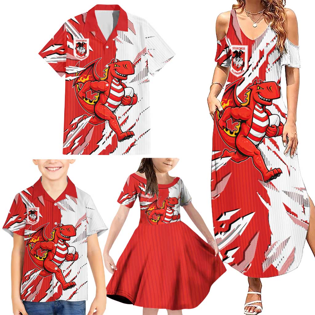 Personalized St. George Illawarra Dragons Family Matching Summer Maxi Dress and Hawaiian Shirt Dynamic Lightning Mascot Rugby Australia