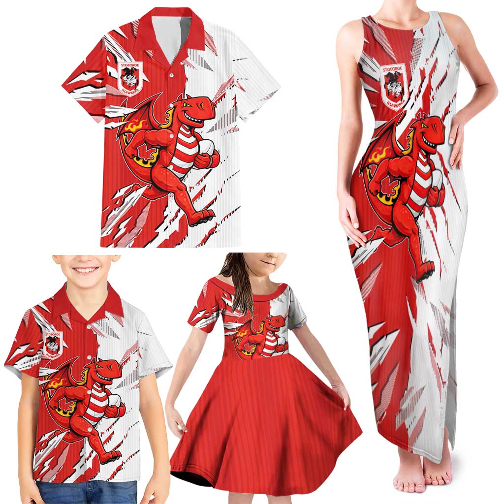 Personalized St. George Illawarra Dragons Family Matching Tank Maxi Dress and Hawaiian Shirt Dynamic Lightning Mascot Rugby Australia